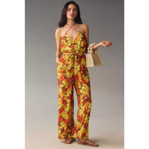 New Farm Rio x Anthropologie Fruit Print Jumpsuit $188 SMALL Yellow Bead Tassels
